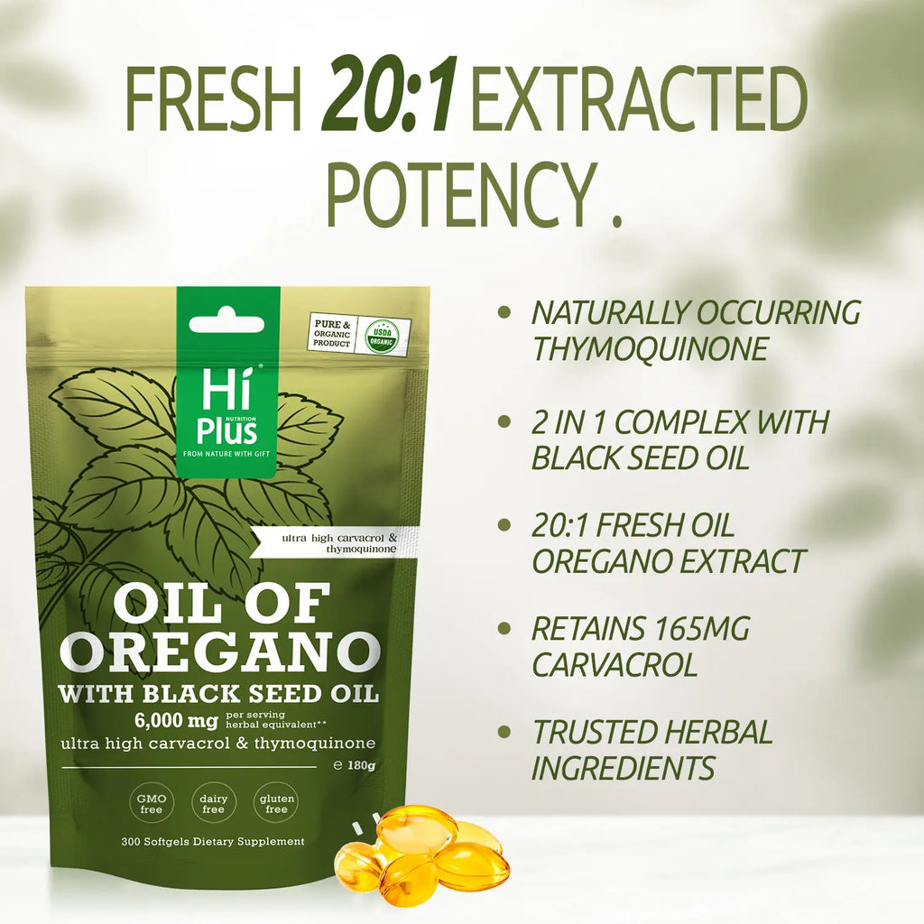 Hiplus Oil of Oregano & Black Seed Oil 6000Mg Softgels 300Ct 20:1 Extract 165Mg Carvacrol Thymoquinone Non-Gmo Plant-Based Immune Support Organic Natural Supplement Gluten Free Supplement